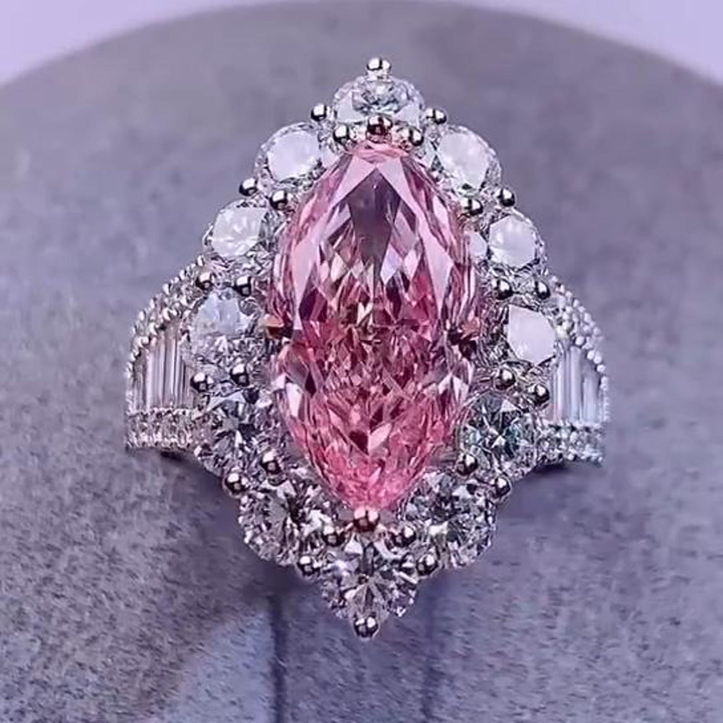 4.03TCW Marquise Cut Intense Pink Lab Grown Diamond Halo Pave Engagement Ring