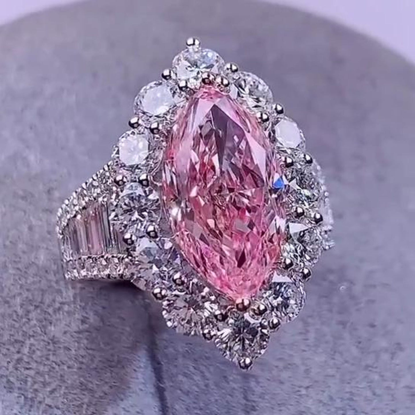 4.03TCW Marquise Cut Intense Pink Lab Grown Diamond Halo Pave Engagement Ring