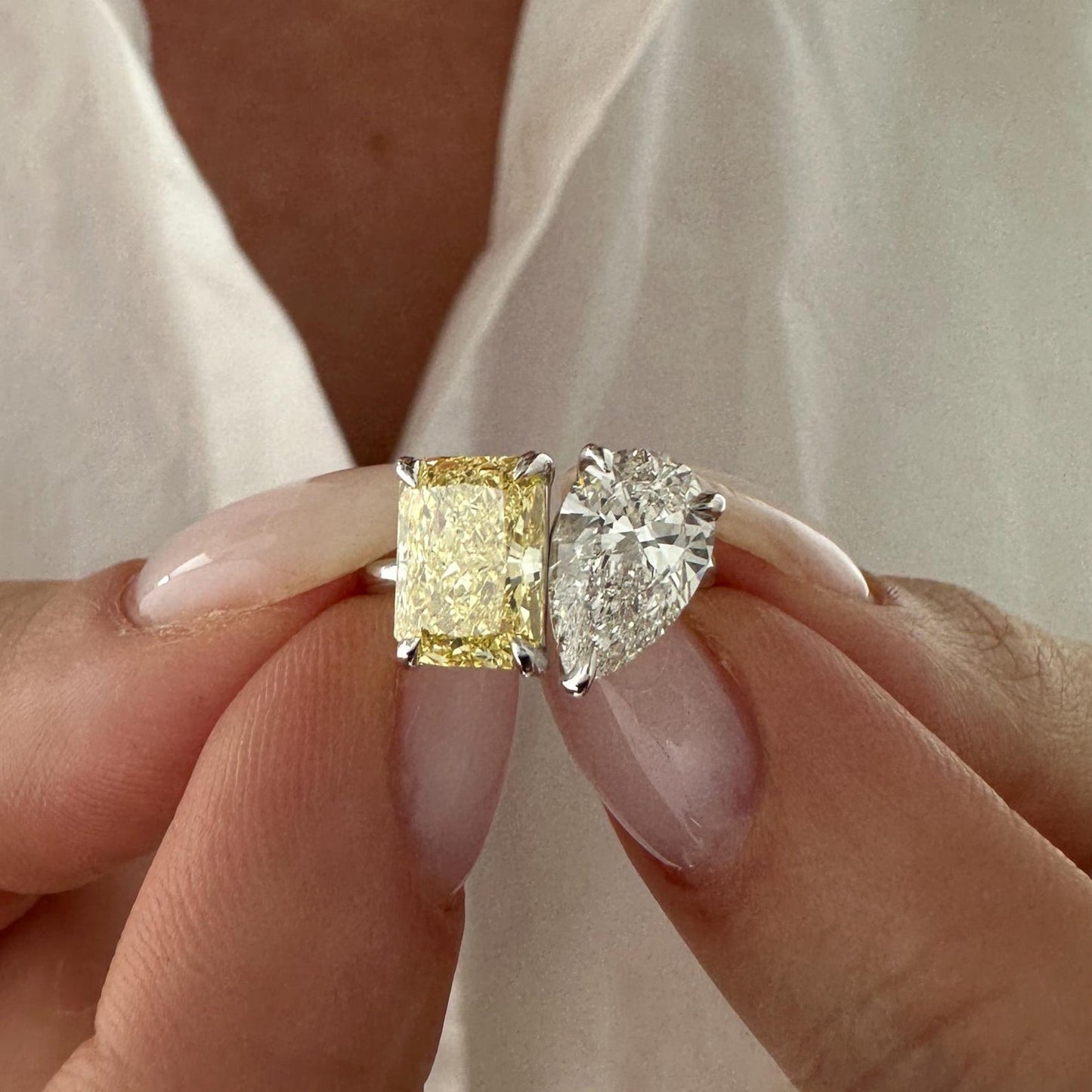 4CT Pear & Radian Intense Yellow Cut Lab Grown Diamond Toi et Moi Engagement Ring