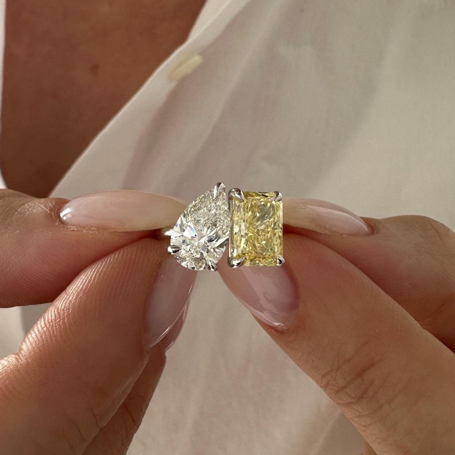 4CT Pear & Radian Intense Yellow Cut Lab Grown Diamond Toi et Moi Engagement Ring