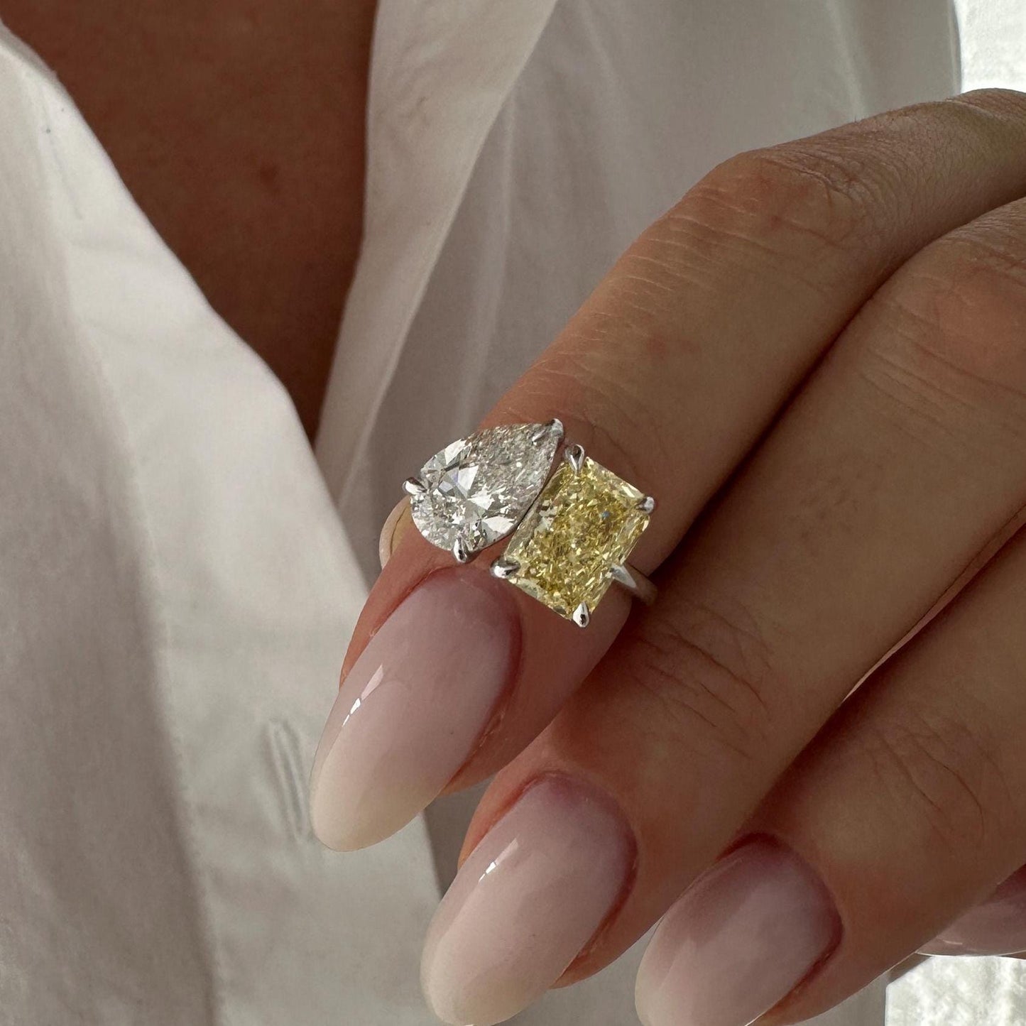 4CT Pear & Radian Intense Yellow Cut Lab Grown Diamond Toi et Moi Engagement Ring