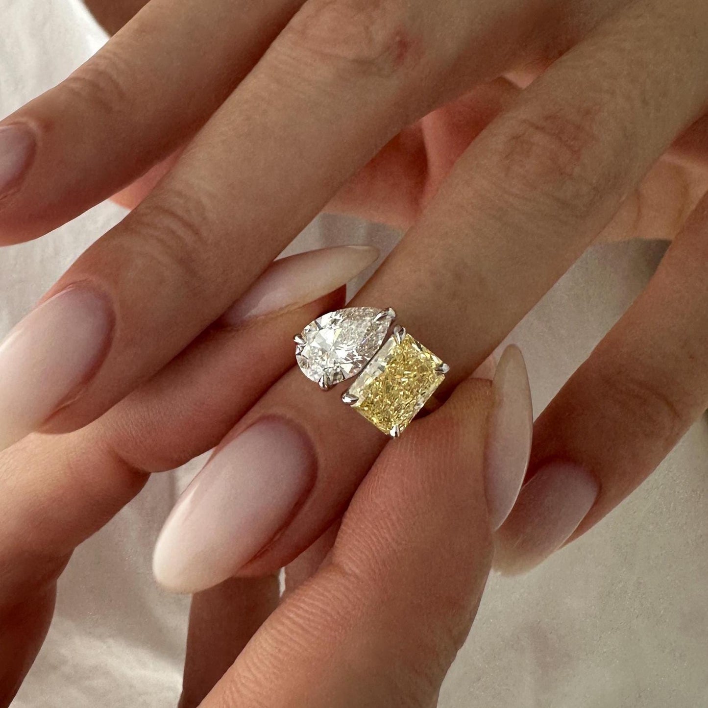 4CT Pear & Radian Intense Yellow Cut Lab Grown Diamond Toi et Moi Engagement Ring