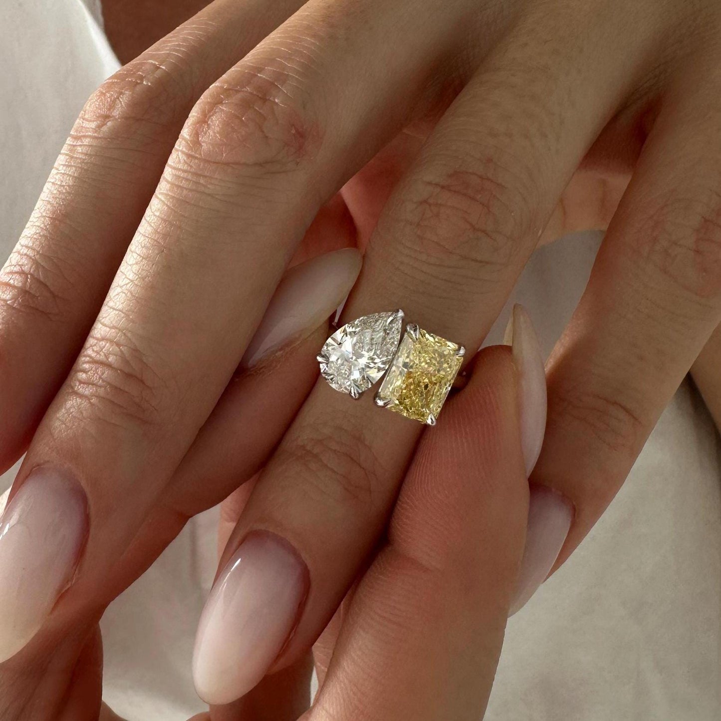 4CT Pear & Radian Intense Yellow Cut Lab Grown Diamond Toi et Moi Engagement Ring