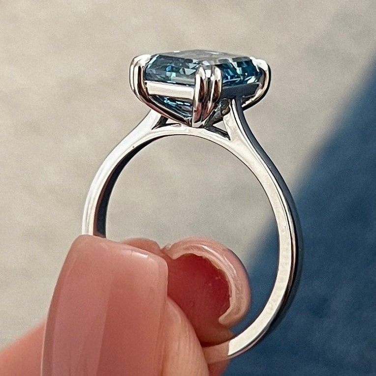 4 Carat Emerald Cut Fancy Vivid Blue Diamond Solitaire Engagement Ring