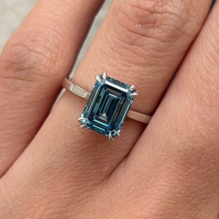 4 Carat Emerald Cut Fancy Vivid Blue Diamond Solitaire Engagement Ring
