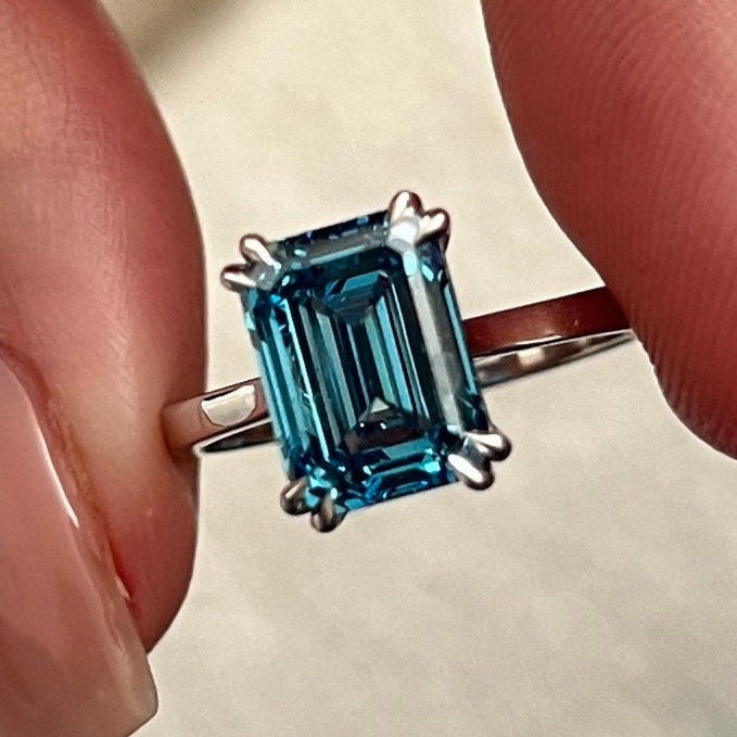 4 Carat Emerald Cut Fancy Vivid Blue Diamond Solitaire Engagement Ring