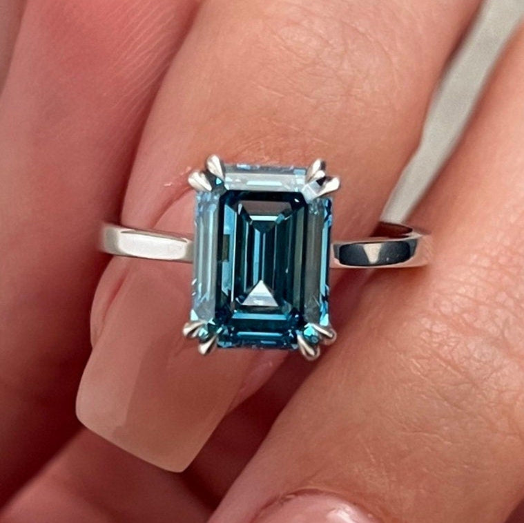 4 Carat Emerald Cut Fancy Vivid Blue Diamond Solitaire Engagement Ring