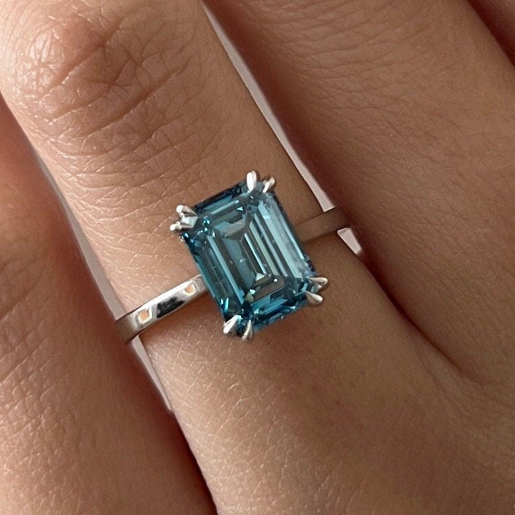 4 Carat Emerald Cut Fancy Vivid Blue Diamond Solitaire Engagement Ring