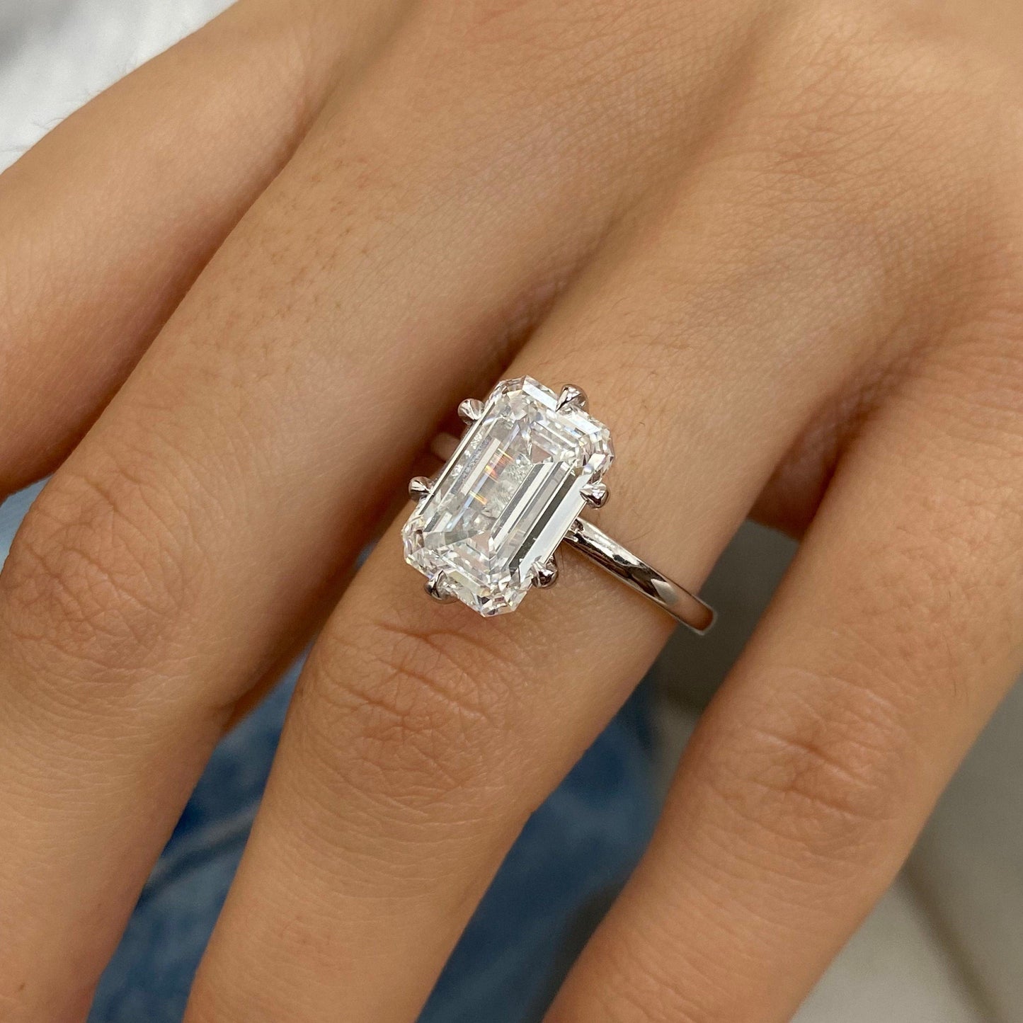 5.00 CT Emerald Cut Moissanite Diamond Solitaire Six Prong Set Engagement Ring