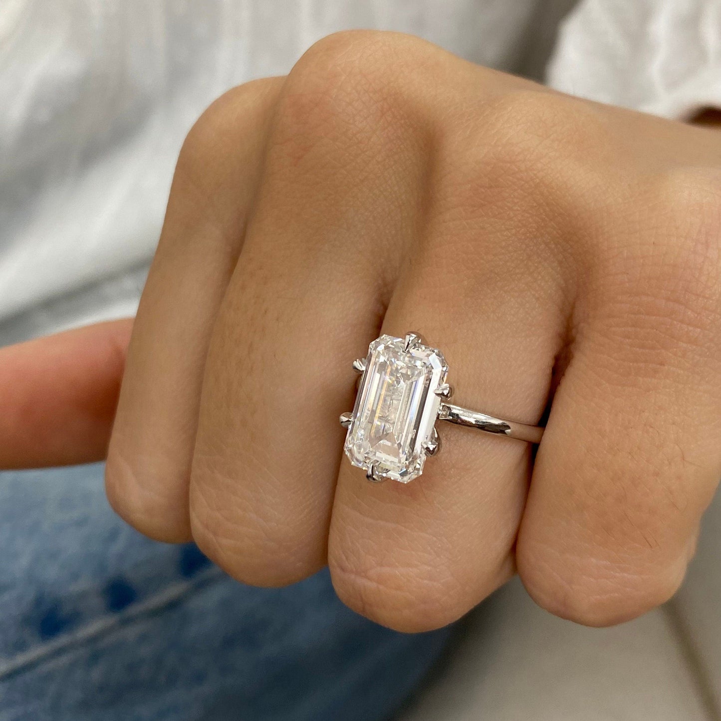 5.00 CT Emerald Cut Moissanite Diamond Solitaire Six Prong Set Engagement Ring