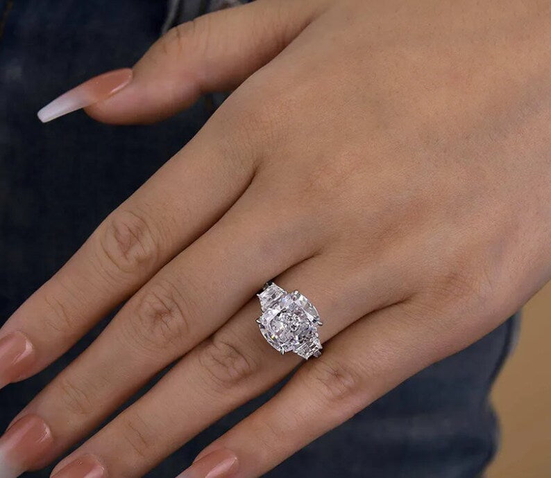 5 CT Elongated Cushion Cut Three Stone Lab Grown Diamond Engagement Ring 14K Gold Trapezoid Side Stone Antique Bridal Wedding Gifts