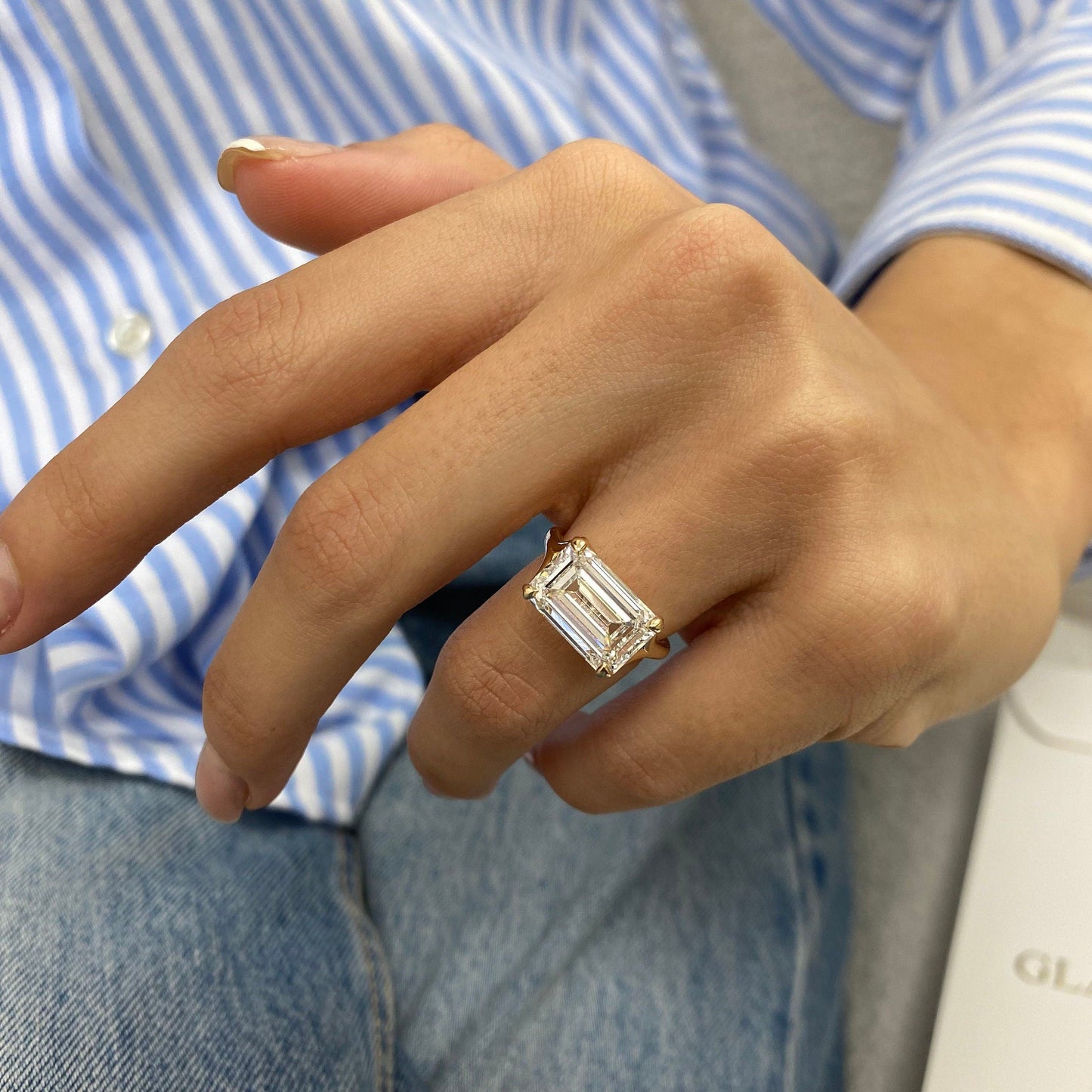 6 Ct Emerald Cut Moissanite Diamond Horizontal Solitaire Proposal Engagement Ring