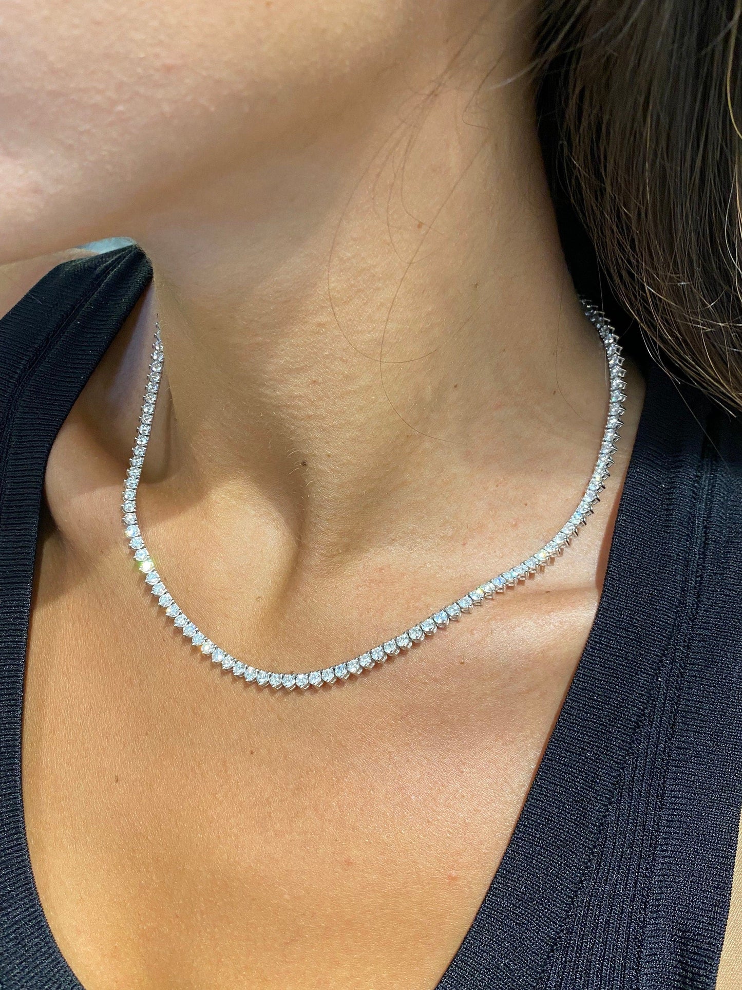 3.00 MM 14k White Gold Round Cut Moissanite Diamond Tennis Pave Set Necklace