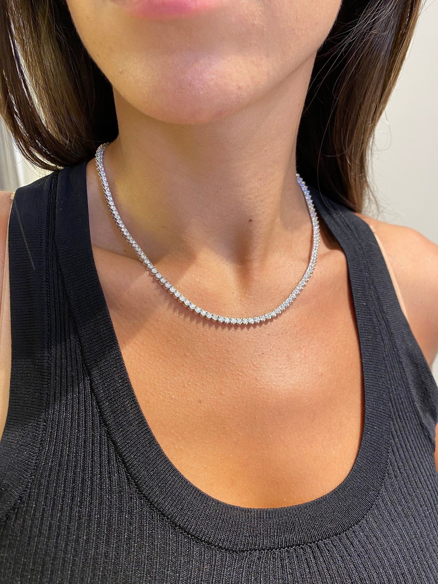 3.00 MM 14k White Gold Round Cut Moissanite Diamond Tennis Pave Set Necklace