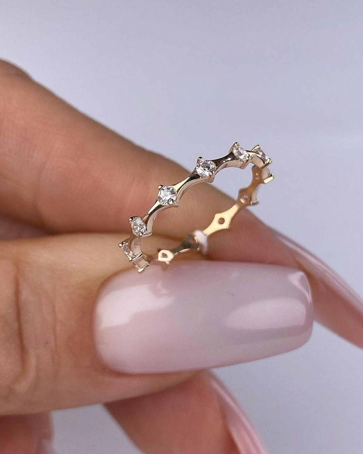 Round Cut Moissanite Diamond Bubble Prong Set Thin Distance Stacking Eternity Wedding Band