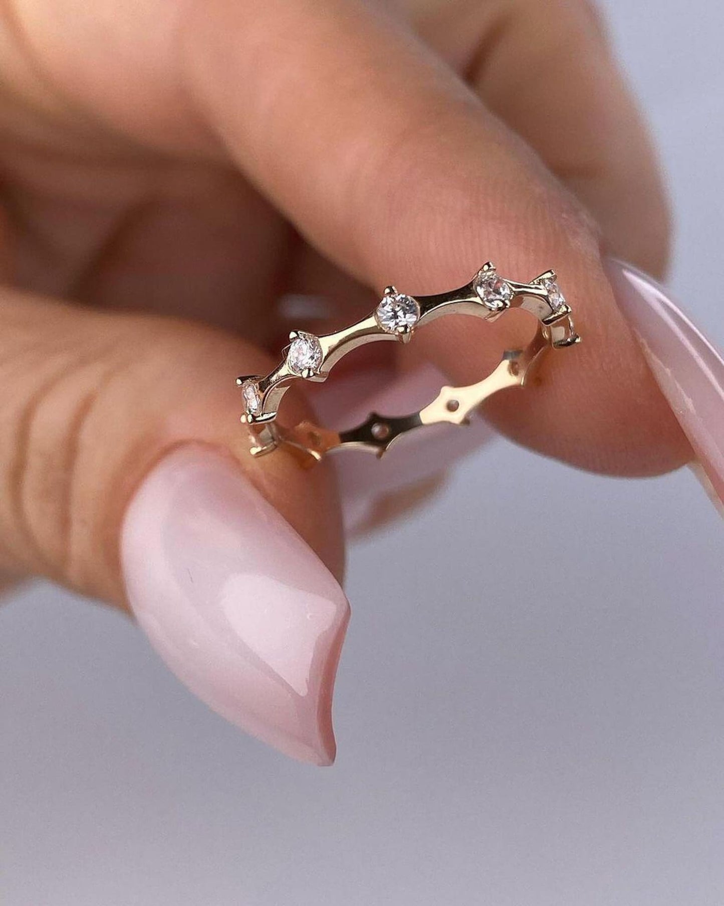 Round Cut Moissanite Diamond Bubble Prong Set Thin Distance Stacking Eternity Wedding Band