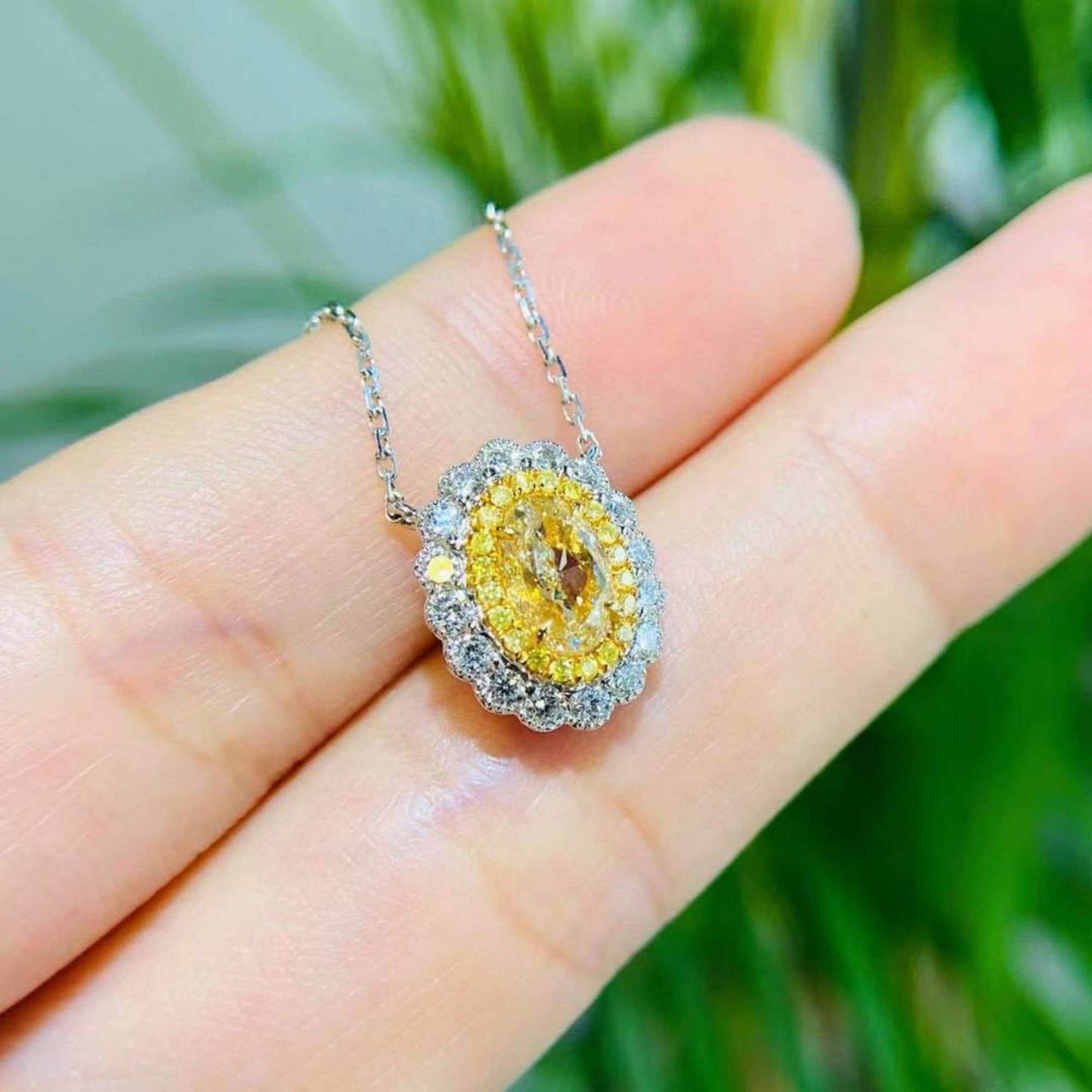 14kt white gold Oval Cut Intense yellow Lab Grown diamond Halo Quality pendant Necklace