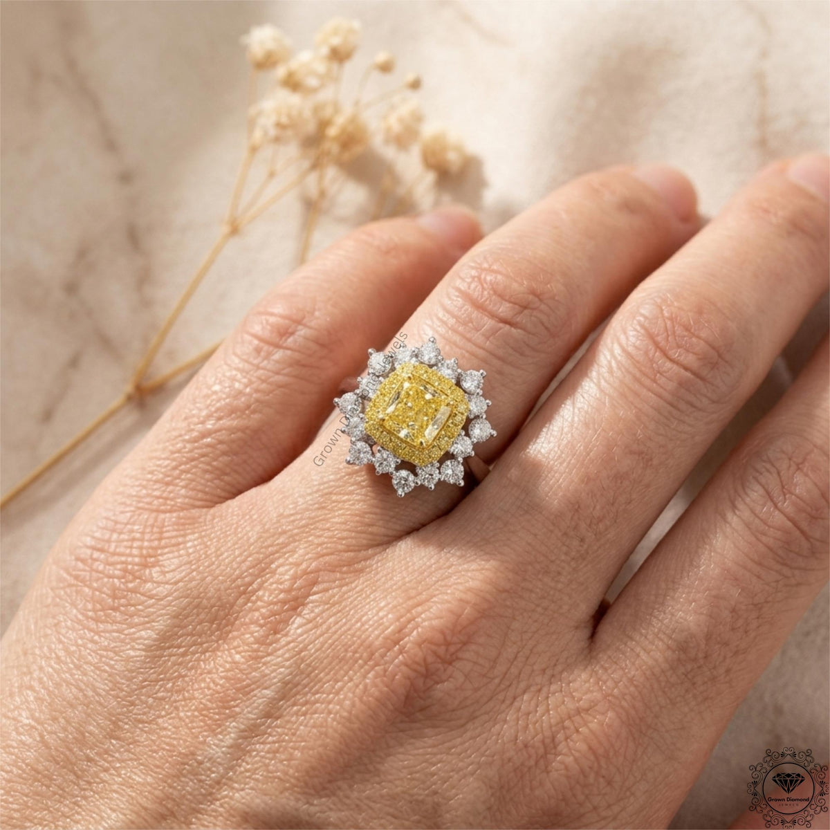 2.29ct Cushion Intense Yellow Lab Grown Diamond halo Ring