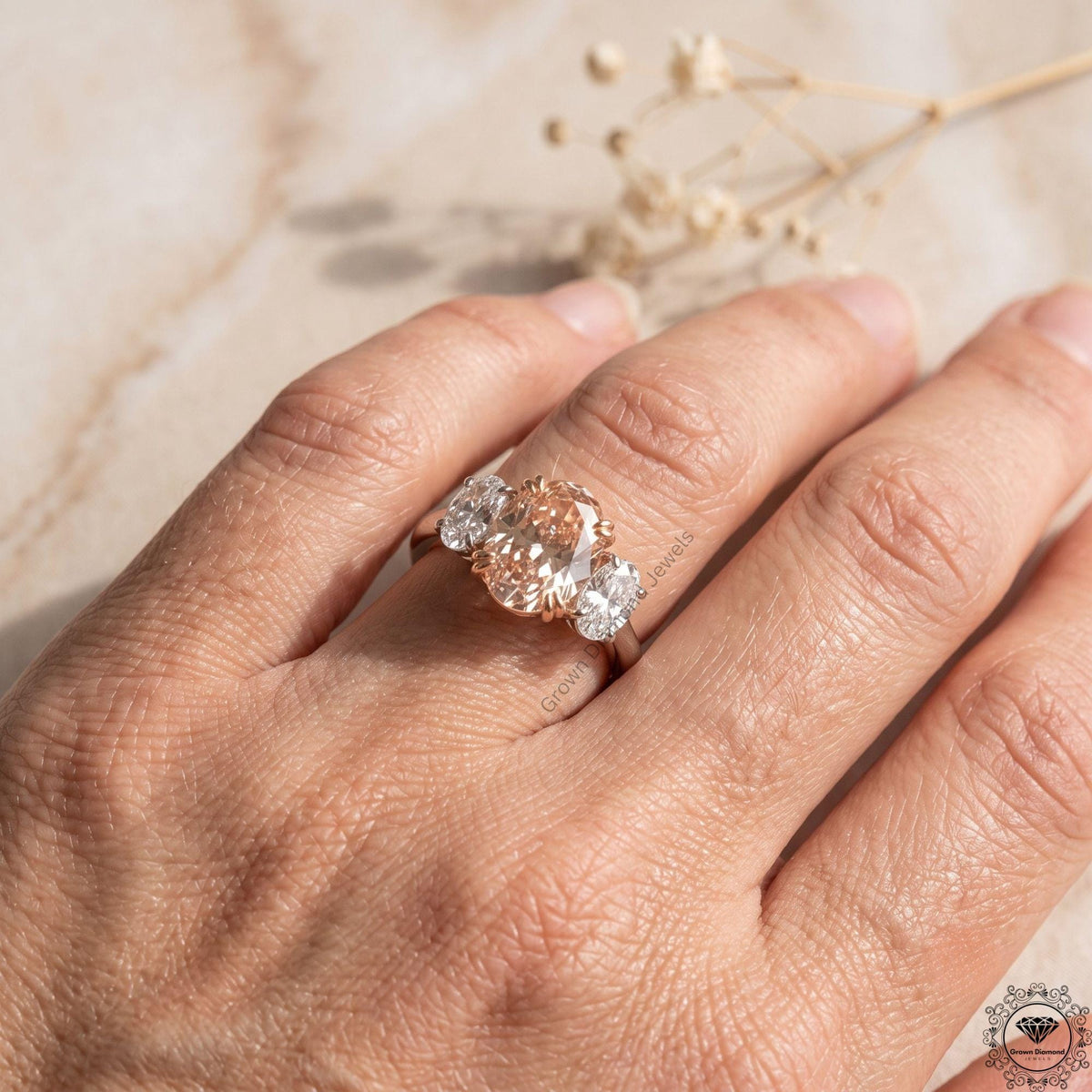 Pink Lab Grown Diamond Oval Three Stone Engagement Ring