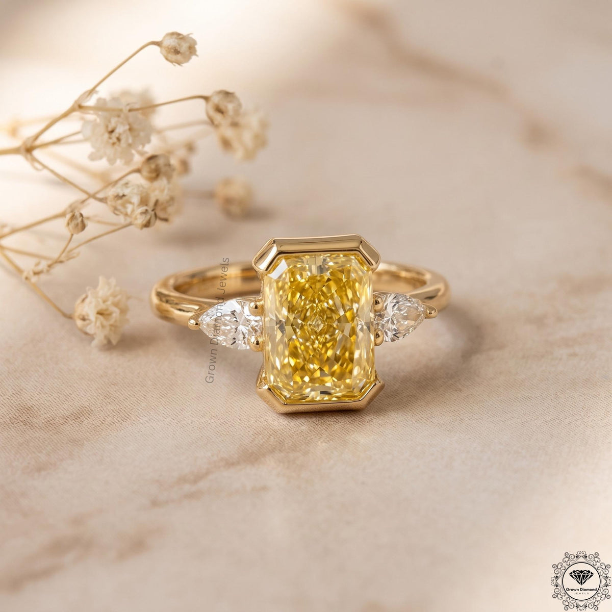 2.5ct Vivid Yellow Radiant Cut Lab Grown Diamond 3-Stone Ring