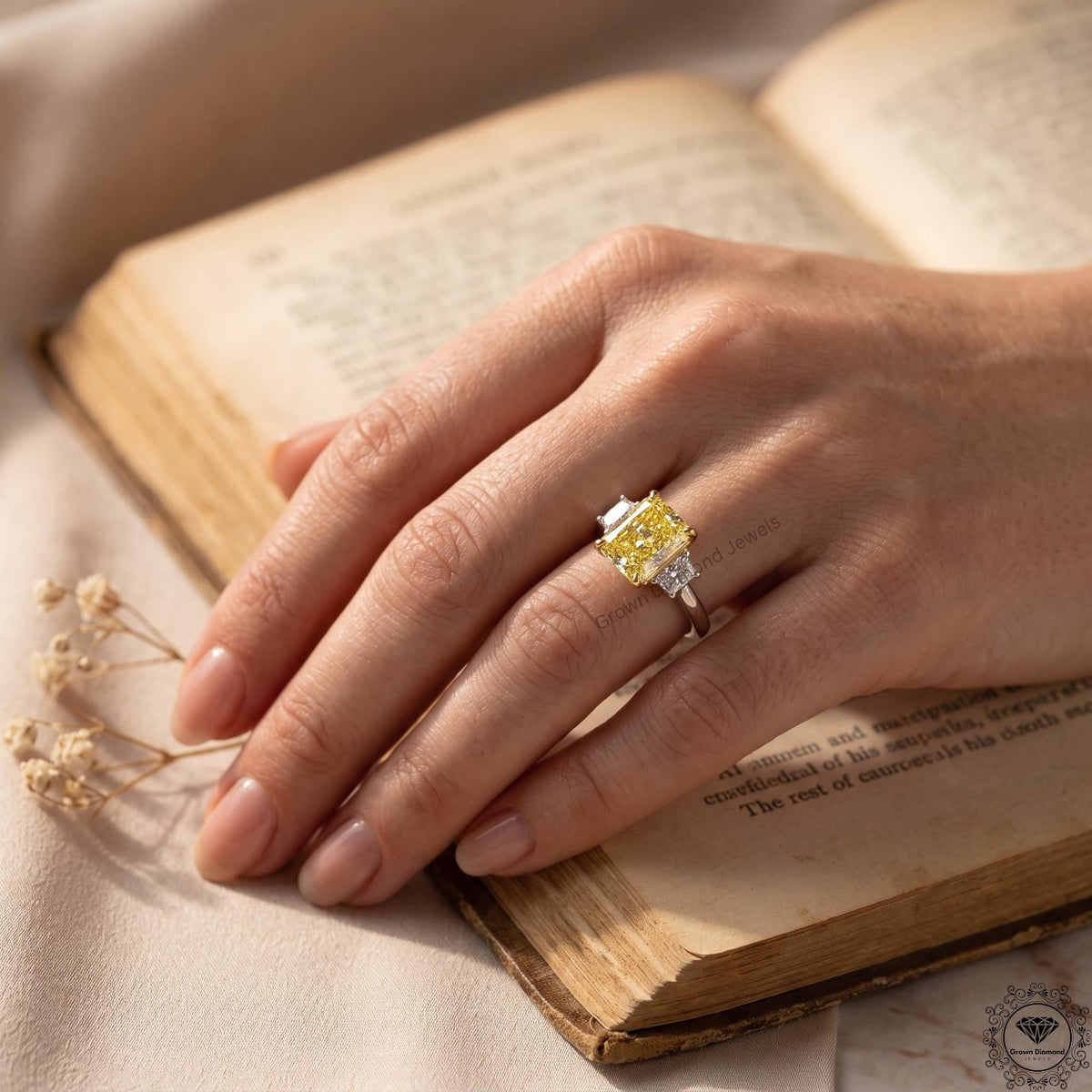 3ct Yellow Radiant Lab Grown Diamond Three Stone Engagement Ring