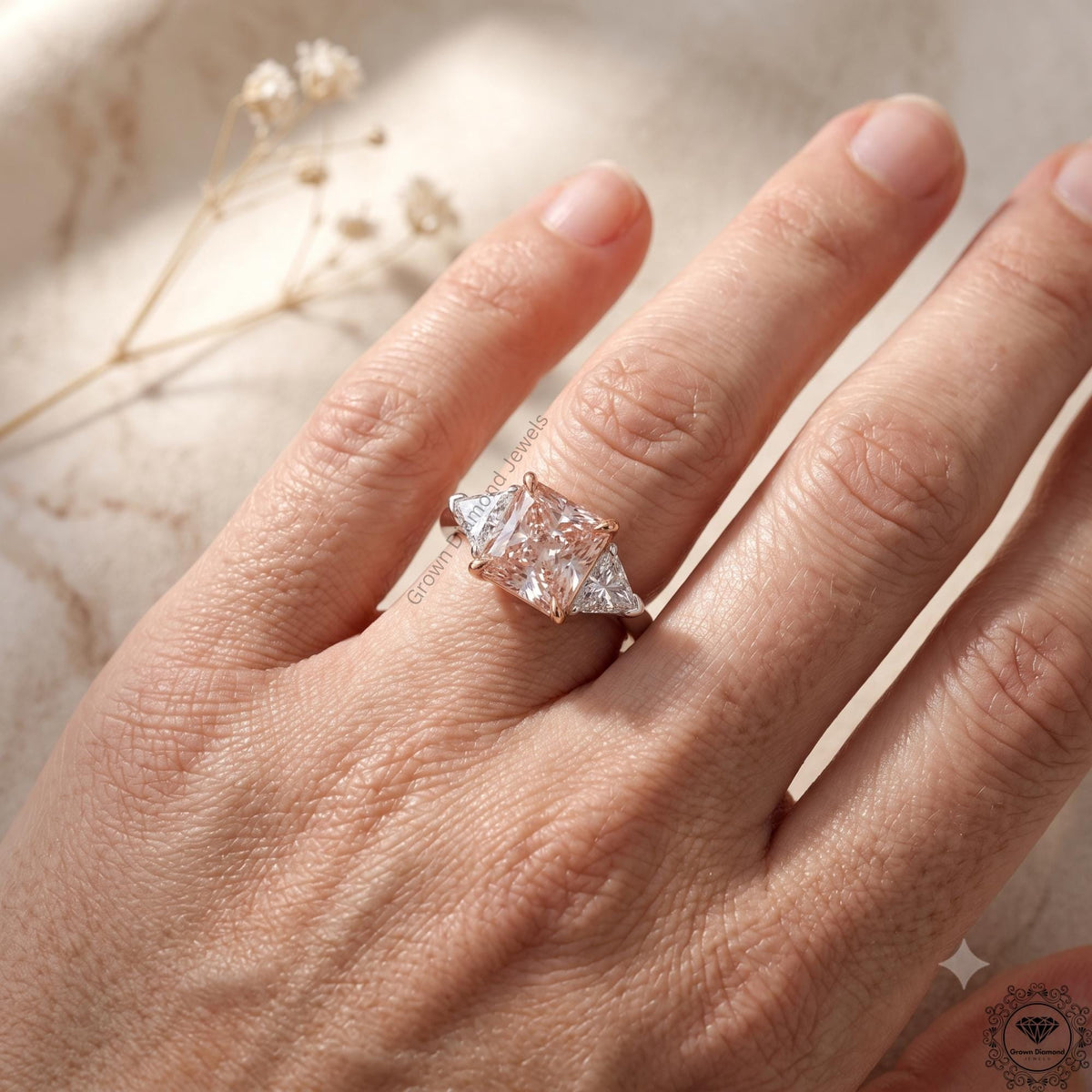 3.6 CT Radiant Fancy Pink Lab Grown Diamond Three Stone Ring