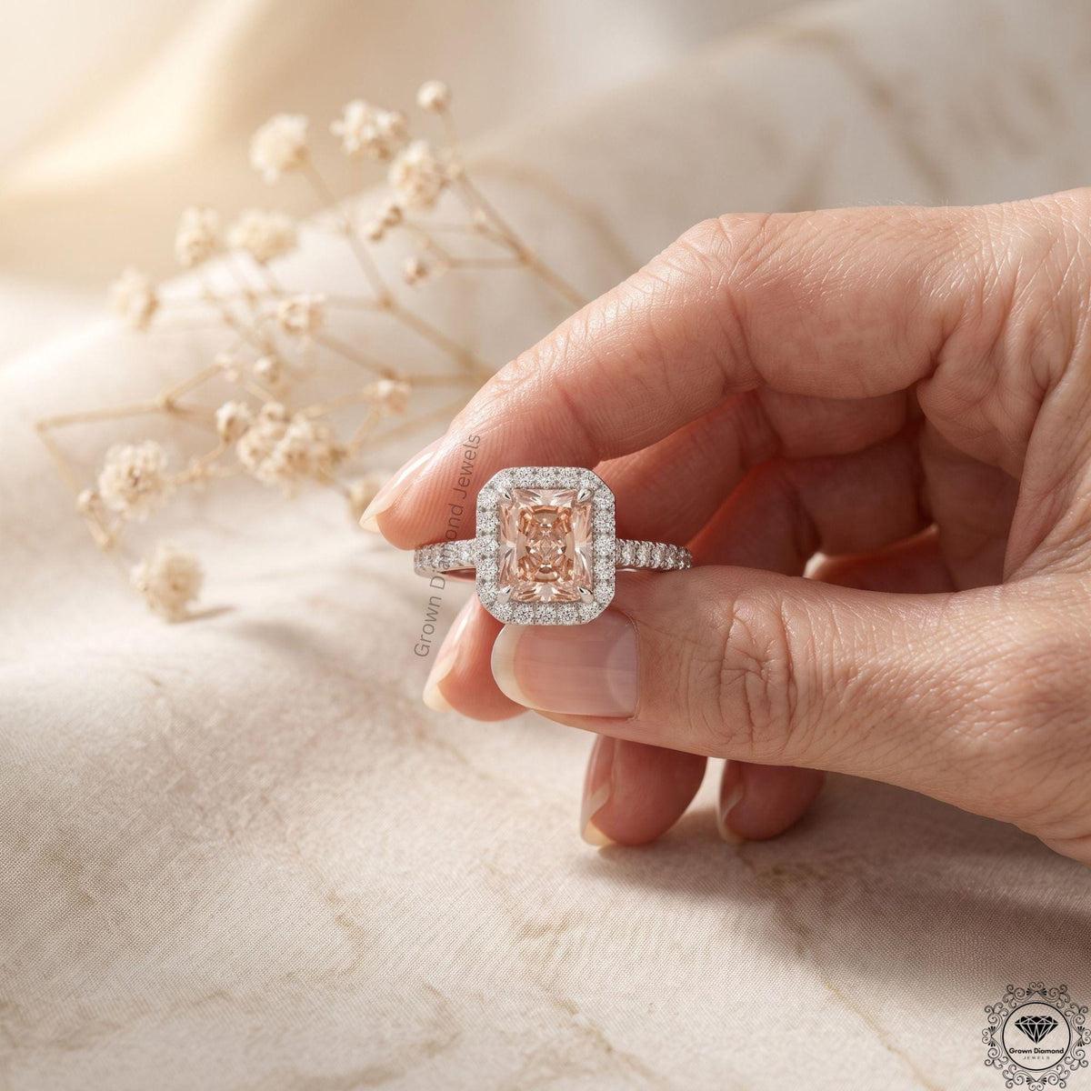 Radiant Cut Pink Lab Grown Diamond Halo Engagement Ring