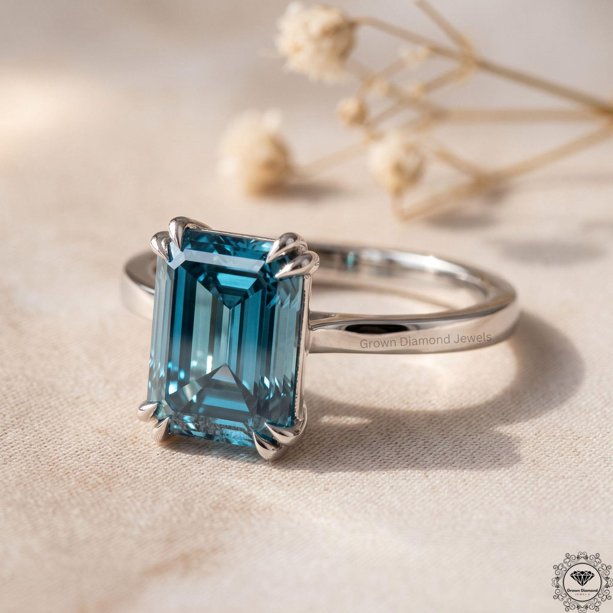 4 Carat Blue Diamond Emerald Cut Solitaire Ring 14k White Gold