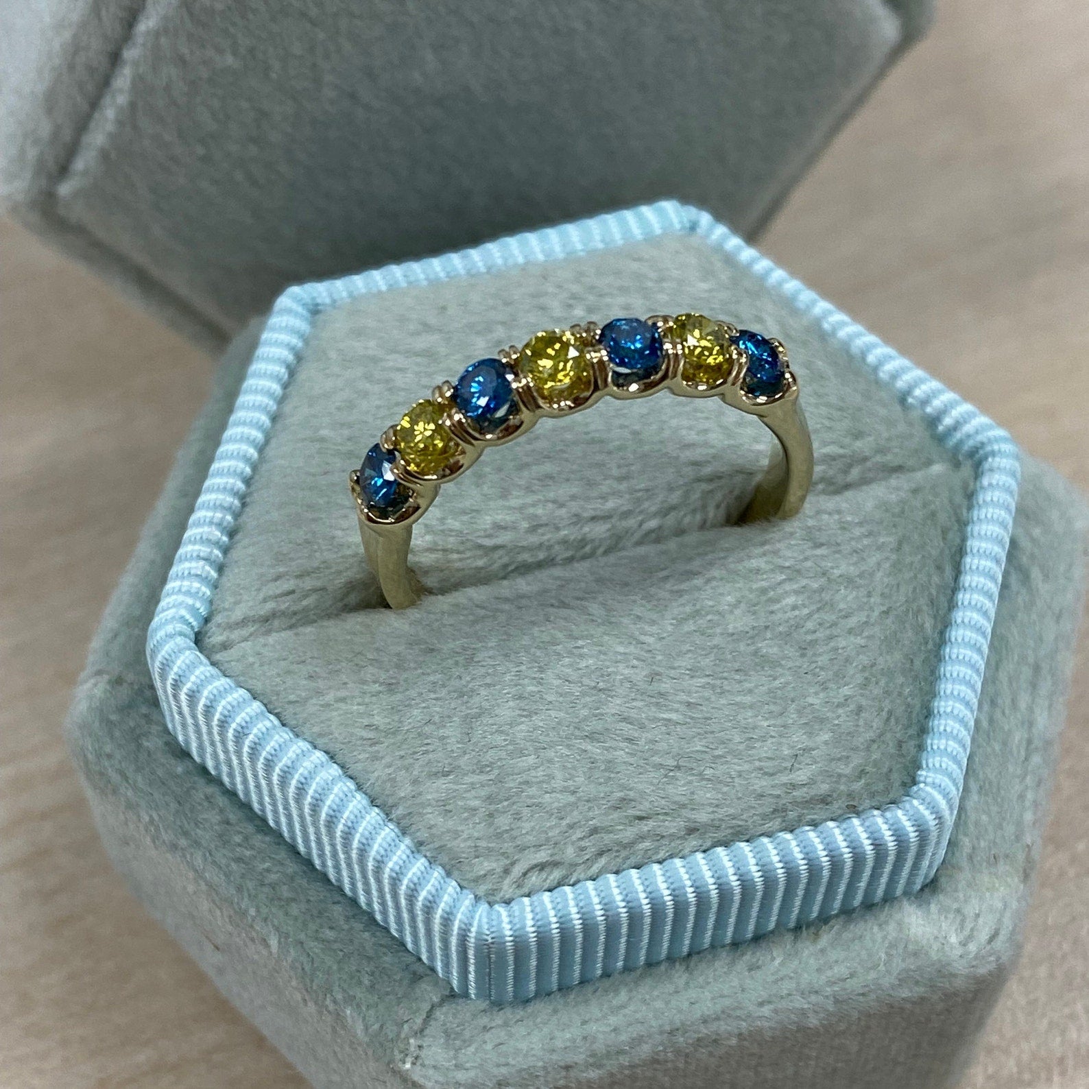 0.56Ct Alternating Design Yellow Blue 7 Stone Diamond Stacking Wedding Anniversary Band