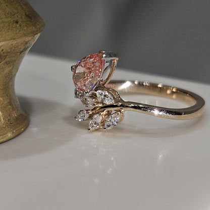 1.03CT Pear Cut Pink Lab-Grown Diamond Leaf Style Valentine Anniversary Engagement Ring