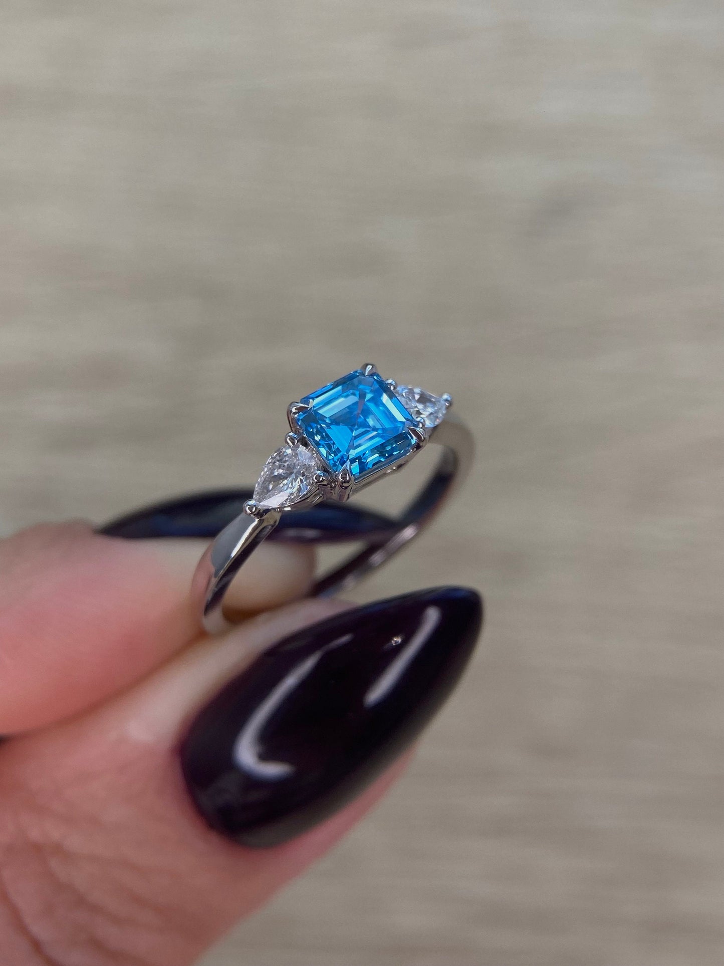 1.31TCW Asscher Cut Intense Blue Lab Grown Diamond Three Stone Engagement Ring