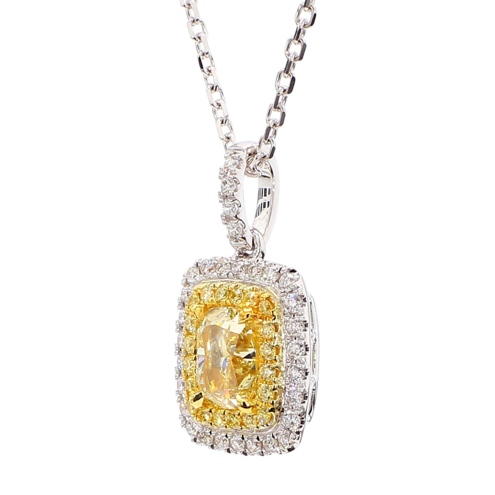 1.47TCW Intense Yellow Cushion Cut Lab Grown Diamond Drop Halo beautiful pendant
