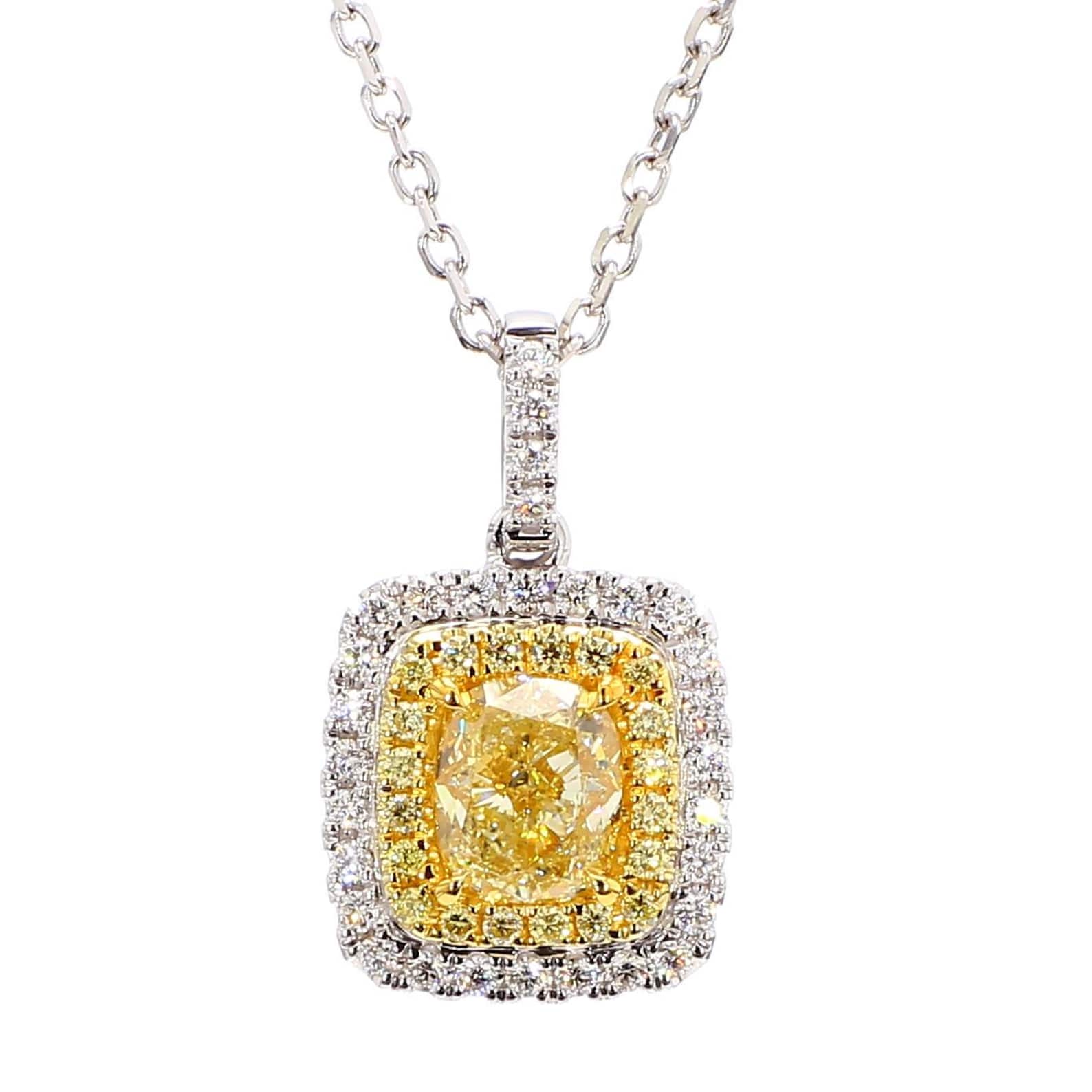 1.47TCW Intense Yellow Cushion Cut Lab Grown Diamond Drop Halo beautiful pendant