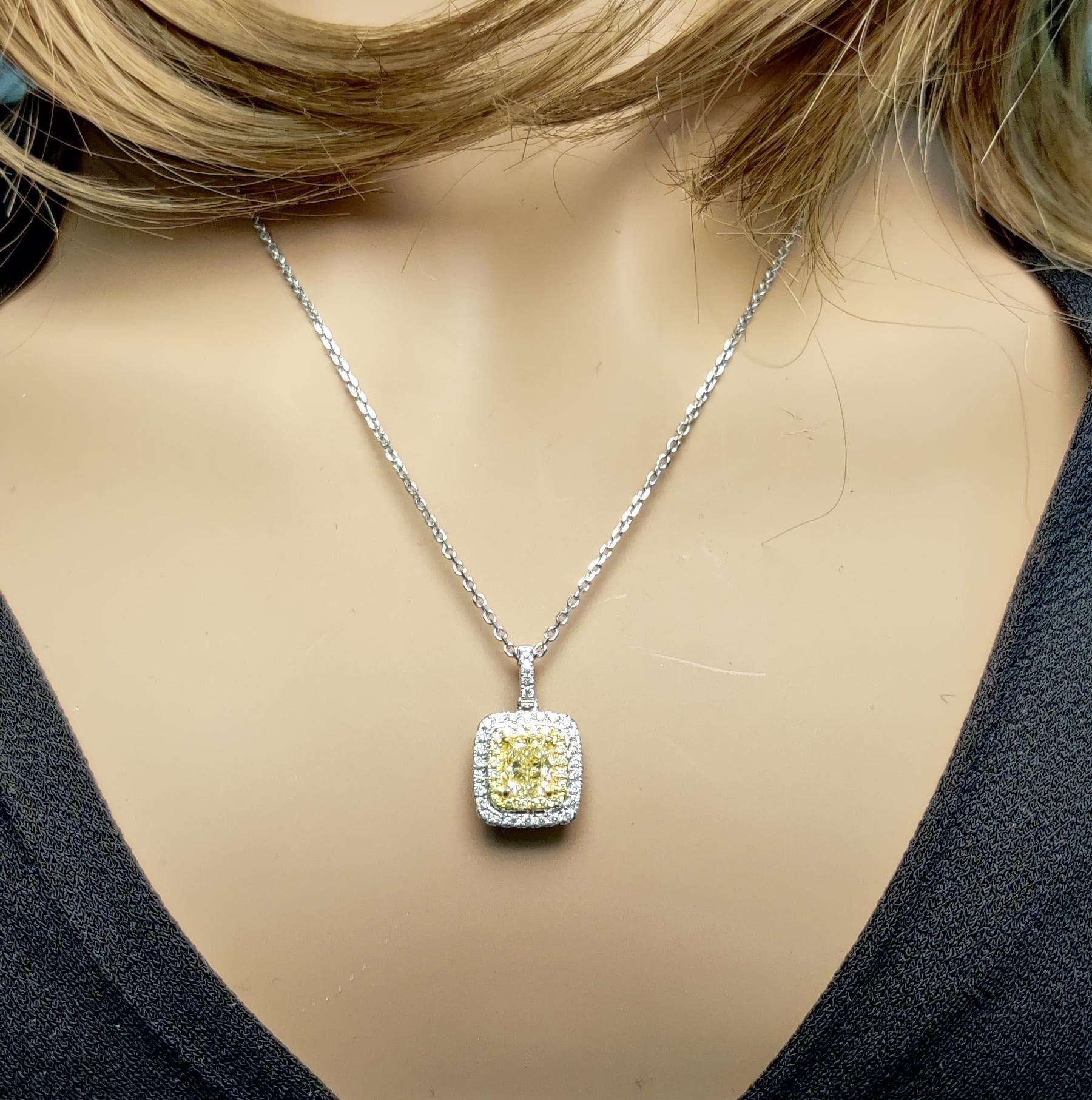 1.47TCW Intense Yellow Cushion Cut Lab Grown Diamond Drop Halo beautiful pendant