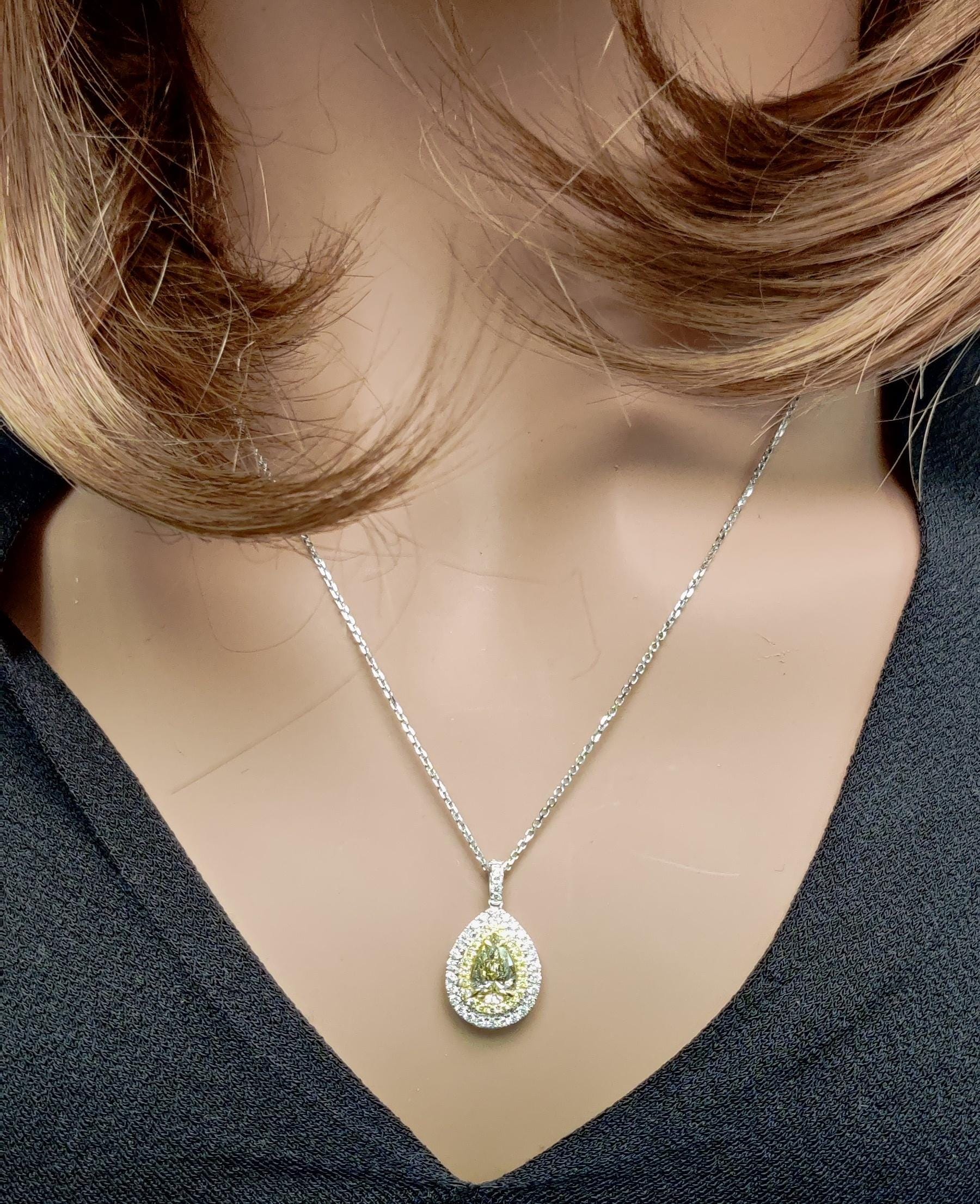 1.47TCW Intense Yellow Pear Cut Lab Grown Diamond Drop Halo Gem World's beautiful pendant