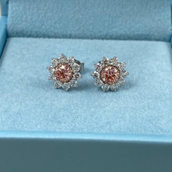 1.70 Ct Round Cut Lab Grown Intense Pink Diamond Sunburst Stud Earrings