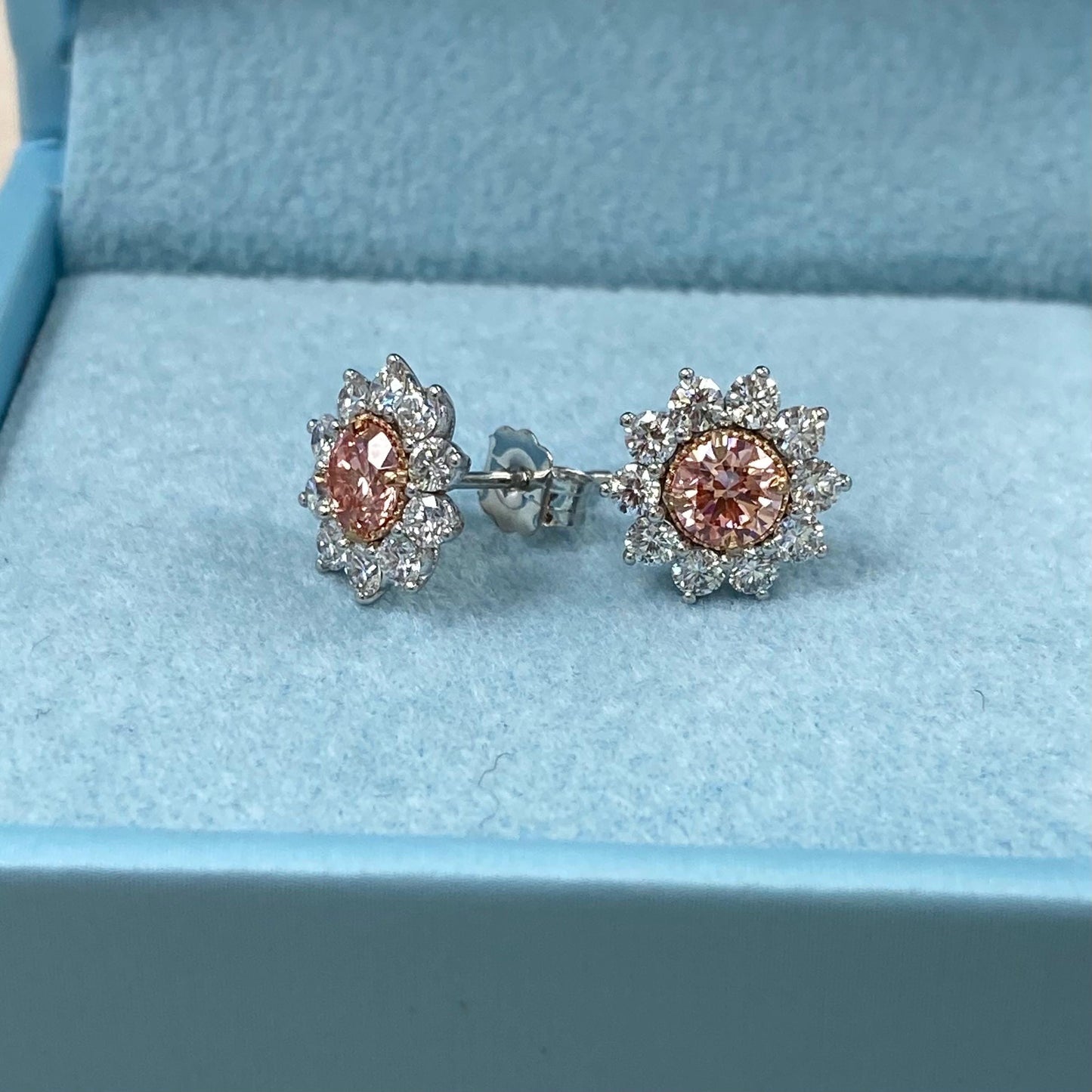 1.70 Ct Round Cut Lab Grown Intense Pink Diamond Sunburst Stud Earrings