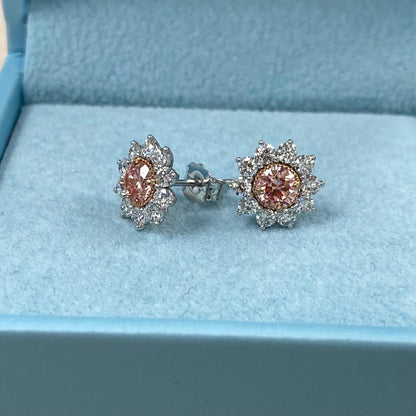 1.70 Ct Round Cut Lab Grown Intense Pink Diamond Sunburst Stud Earrings