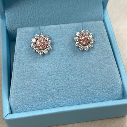 1.70 Ct Round Cut Lab Grown Intense Pink Diamond Sunburst Stud Earrings