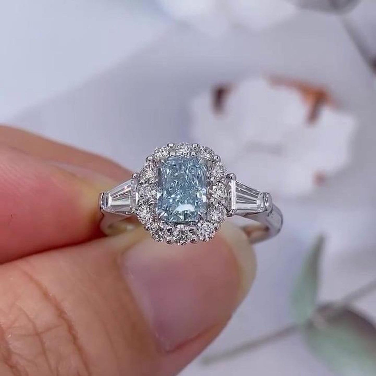 1.95tcw Radiant Intense Blue Lab Grown Diamond Halo Three Stone Engagement Ring