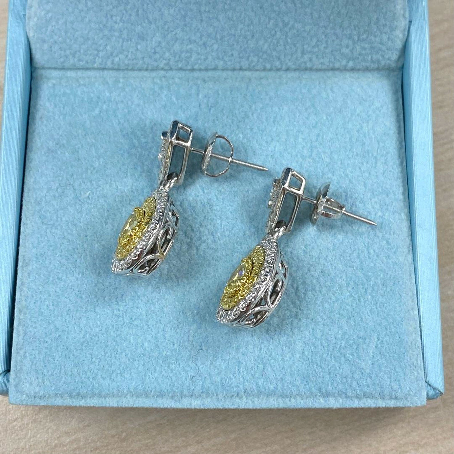 1.99 TCW Pear Cut Intense Yellow Lab Grown Diamonds  Pave Set Drop Dangle Earrings