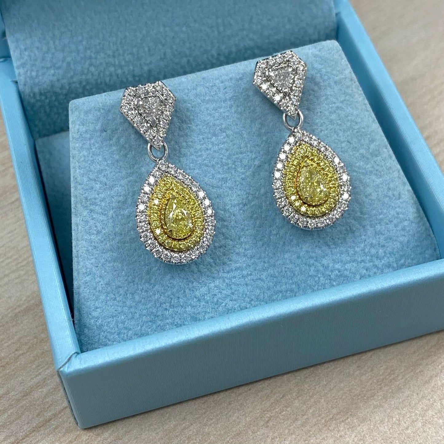 1.99 TCW Pear Cut Intense Yellow Lab Grown Diamonds  Pave Set Drop Dangle Earrings