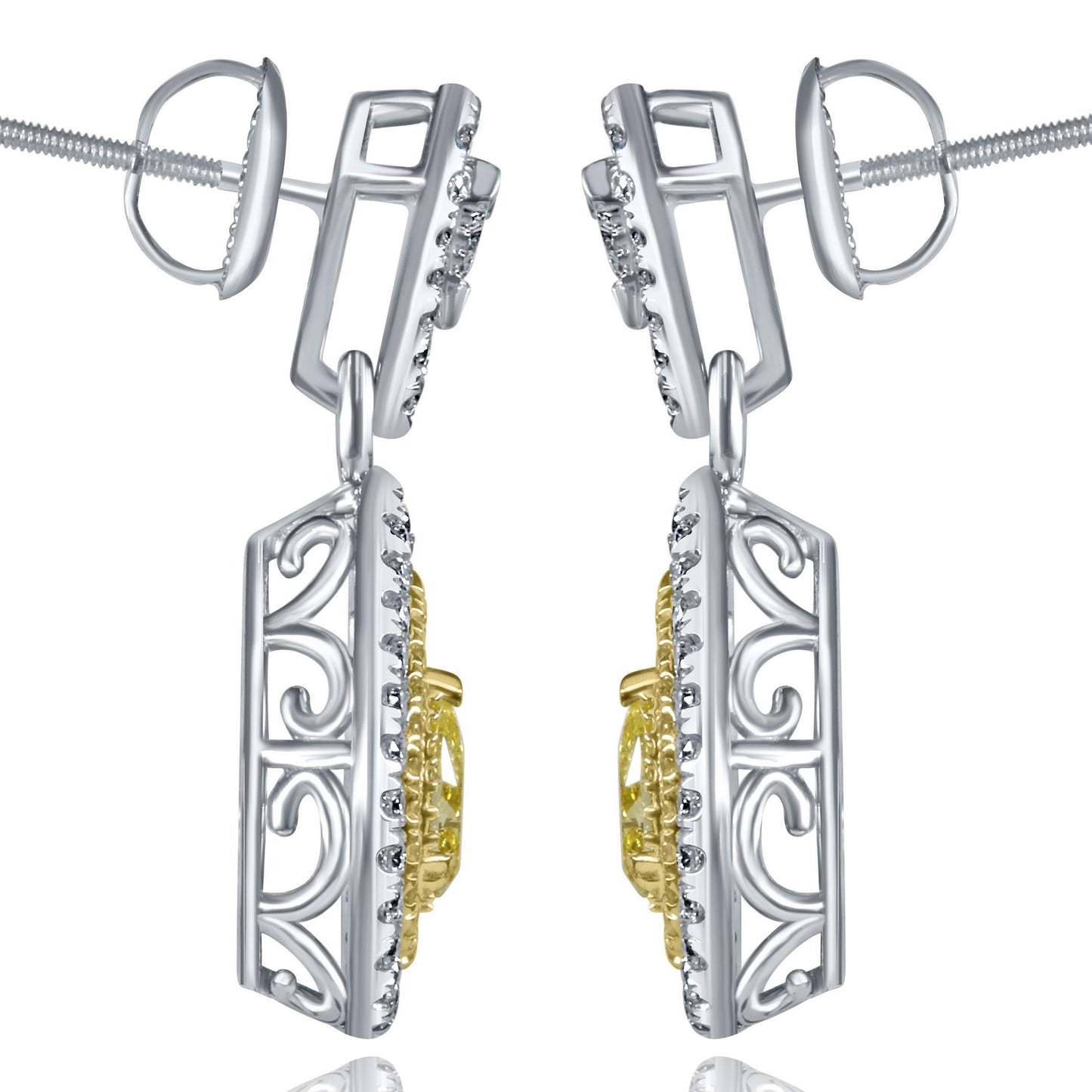 1.99 TCW Pear Cut Intense Yellow Lab Grown Diamonds  Pave Set Drop Dangle Earrings