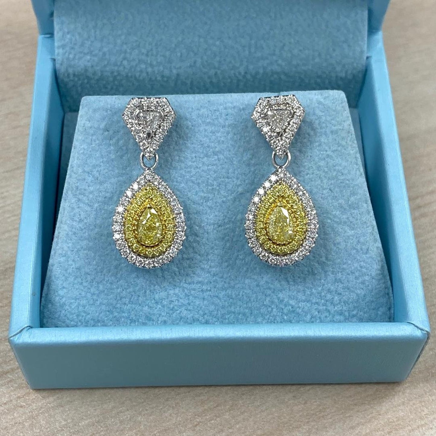 1.99 TCW Pear Cut Intense Yellow Lab Grown Diamonds  Pave Set Drop Dangle Earrings