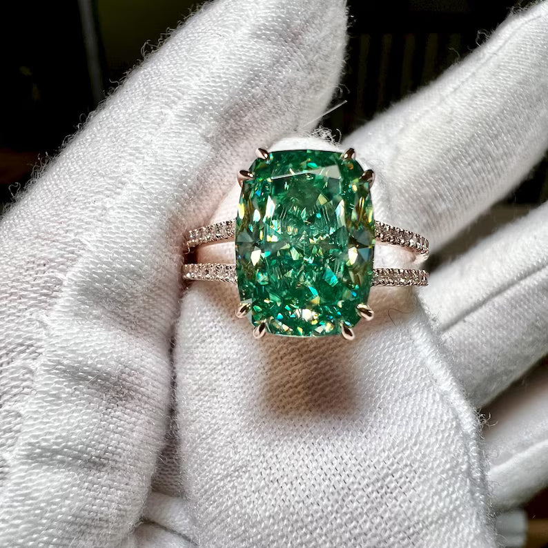 14K Gold 4CT Fancy Vivid Green Elongated Cushion Modified Lab Grown Diamond Engagement Ring Antique Bridal Wedding Gifts