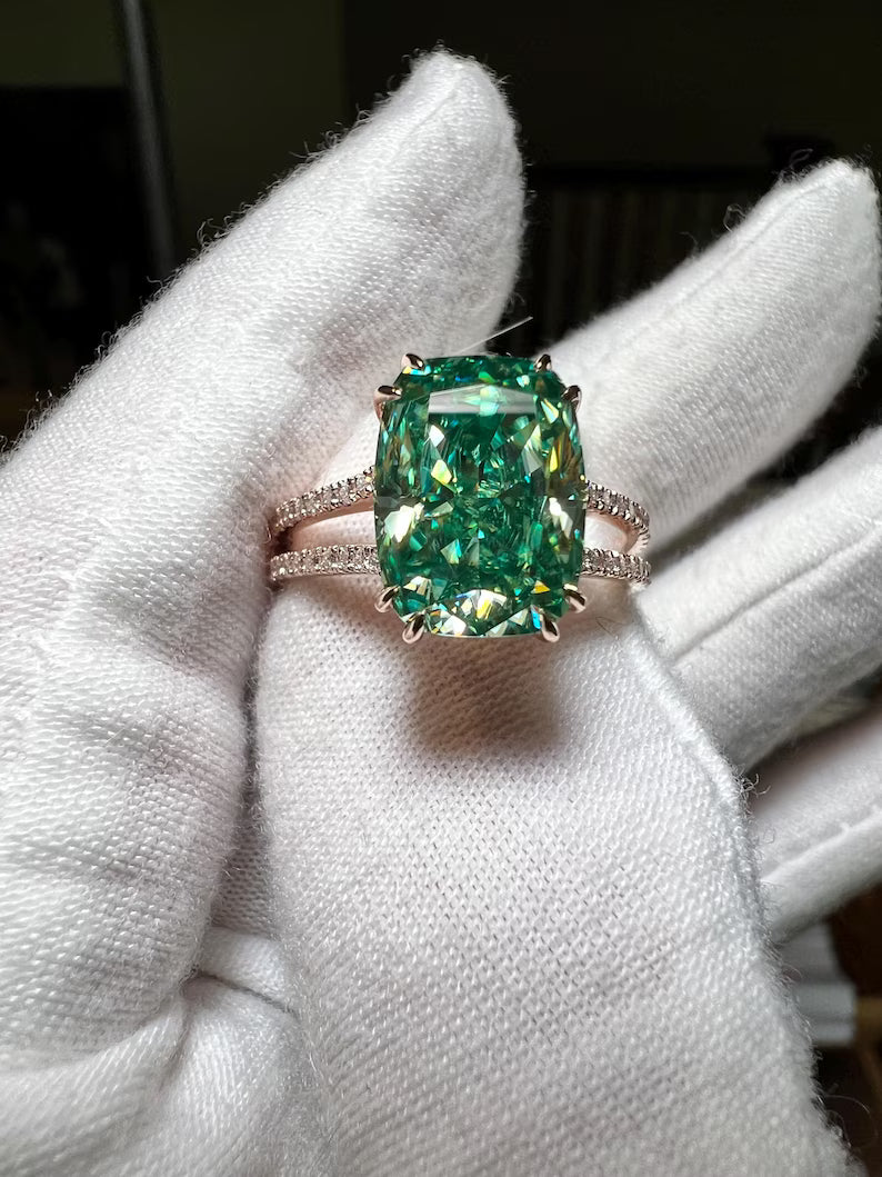 14K Gold 4CT Fancy Vivid Green Elongated Cushion Modified Lab Grown Diamond Engagement Ring Antique Bridal Wedding Gifts