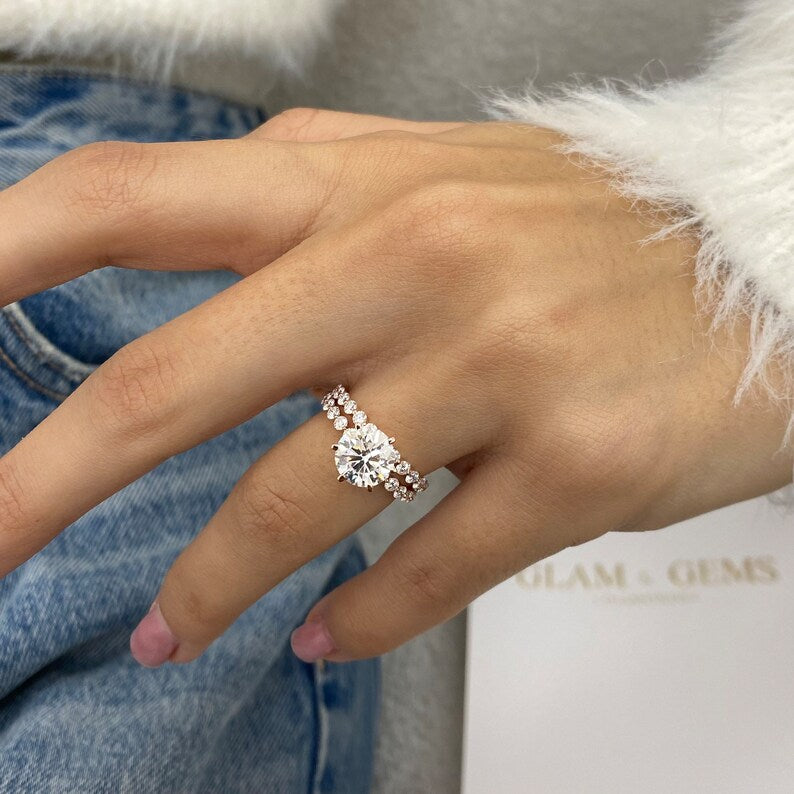 14K Gold Round Lab Grown Diamond Engagement Ring with Matching Diamond Eternity Band 2Ct Center Round Cut Wedding Anniversary Ring Gifts For Her