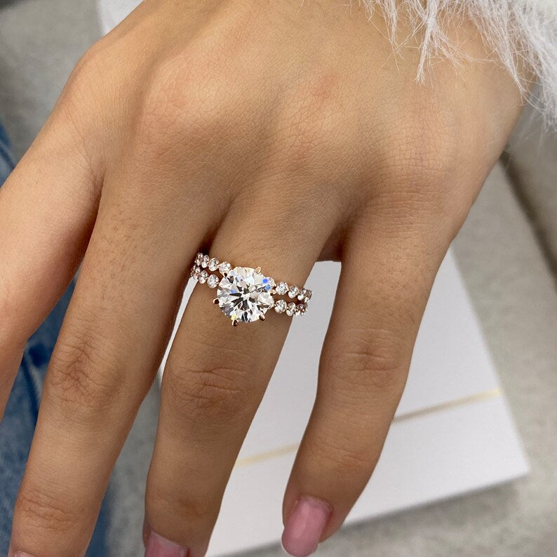 14K Gold Round Lab Grown Diamond Engagement Ring with Matching Diamond Eternity Band 2Ct Center Round Cut Wedding Anniversary Ring Gifts For Her