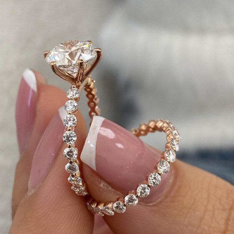 14K Gold Round Lab Grown Diamond Engagement Ring with Matching Diamond Eternity Band 2Ct Center Round Cut Wedding Anniversary Ring Gifts For Her