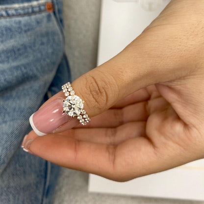 14K Gold Round Lab Grown Diamond Engagement Ring with Matching Diamond Eternity Band 2Ct Center Round Cut Wedding Anniversary Ring Gifts For Her